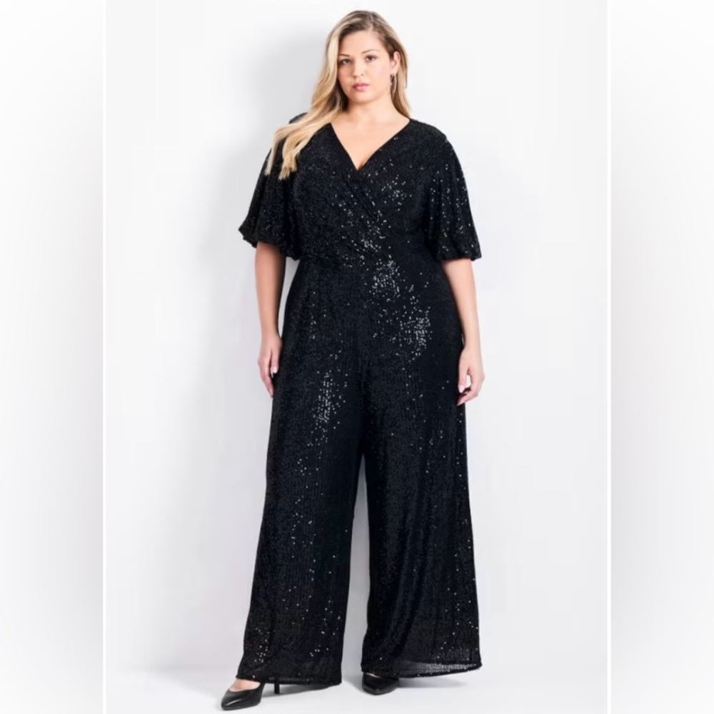 NWT Eloquii Black Sequin Wide Leg Jumpsuit Holiday Party 18